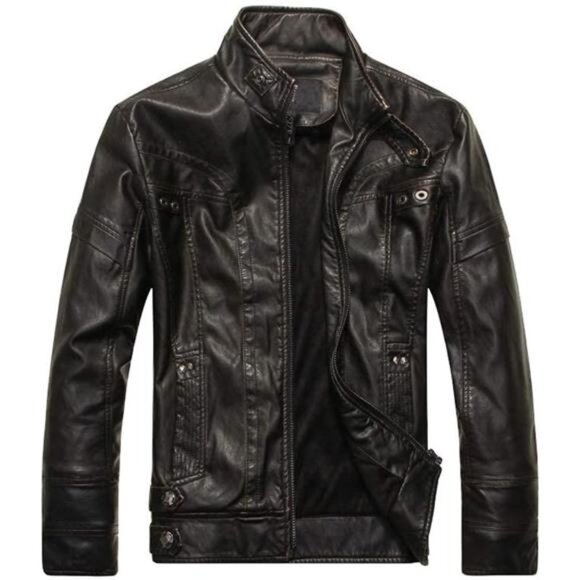 Men's Faux Leather Jacket Vintage Stand Collar Motorcycle PU Leather - Picture 1 of 6